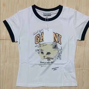 Ganni White Tee with Black Trim and Yellow Kitten Graphic